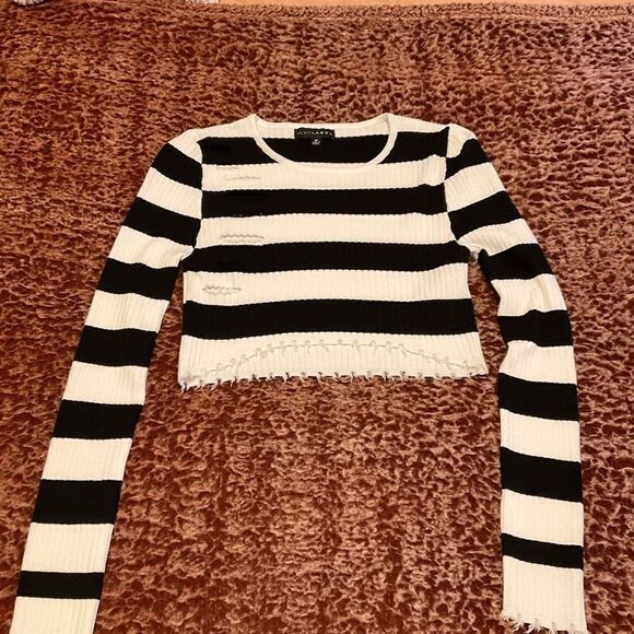 JLUXLABEL Distressed Cropped Ribbed Breton Striped Top, M. - Picture 4 of 10